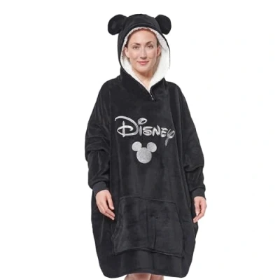 Abbildung von Disney Mickey Mouse Oversize Cozy Hoodie mit Ohren für Damen Übergroße Frauen Kuschelpullover Flauschiger Deckenpullover Schwarz