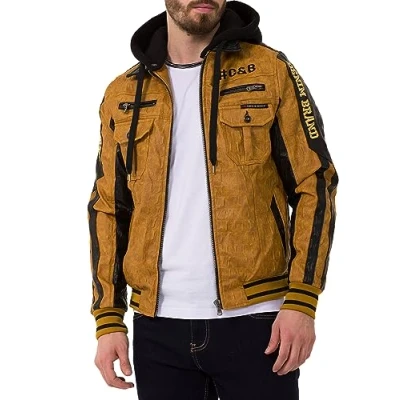 Abbildung von Cipo &amp; Baxx Herren Lederjacke mit abnehmbarer Kapuze Kunstleder Bikerjacke CJ284 Mustard XL