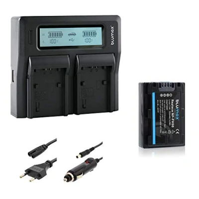 Abbildung von Blumax Akku NP FH50 700mAh + Doppelladegerät Dual Charger passend zu diversen Sony Kameras 2 Akkus gleichzeitig Laden