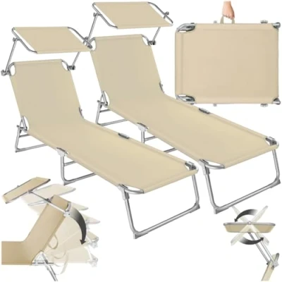 Abbildung von tectake 2er Set Liegestuhl Garten mit Sonnenschutz, Gartenliege klappbar, Balkon oder Terrassen Liege Verstellbarer Rückenlehne, Strandliege Sonnendach, bis zu 110 kg belastbar beige