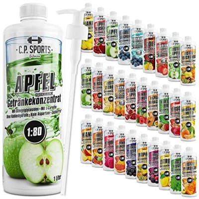 Abbildung von C.P. Sports Getränkesirup für Mineraldrink I Sirup zuckerfrei Vital Drink APFEL mit Vitaminen Getränkekonzentrat zum Mischen Wasser Sport Getränk 1 Liter + Pumpspender