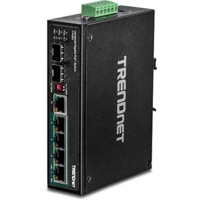 Abbildung von TRENDnet TI PG62 6 Port gehärteter industrieller Gigabit PoE + Din Rail Switch, 4 x Ports, 1 gemeinsamer (RJ 45 / SFP), dedizierter SFP, 120 W Leistungsbudget, IP30