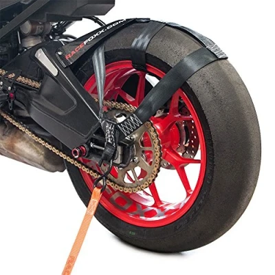 Abbildung von RACEFOXX Hinterrad Abspanngurt, Zurrgurt, Spanngurt, Transportsicherung Gurt für Hinterrad. Hinterreifen, Motorrad, Schwarz