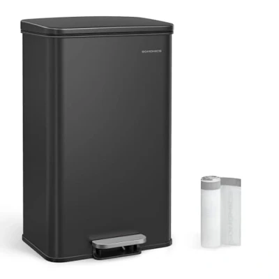 Abbildung von SONGMICS Mülleimer Küche, 40 Liter Abfalleimer, großer Tretmülleimer, mit Deckel, aus Stahl, Softclose, inklusive 15 Müllbeutel, schwarz LTB540B4002