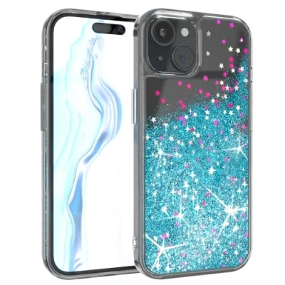 Abbildung von EAZY Case Glitzer Hülle kompatibel mit iPhone 15 Handyhülle für Silikon leichtes Shiny Cover stoßfestes Phone als Fallschutz in Klar Transparent/Blau