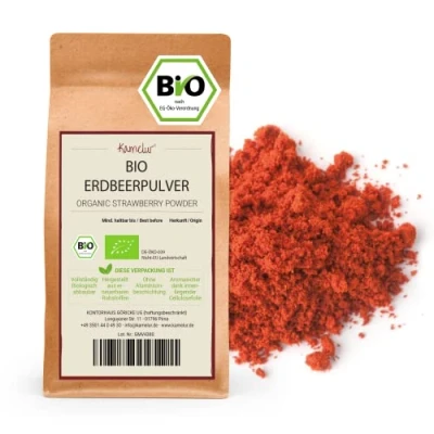 Abbildung von Kamelur Bio Erdbeerpulver gefriergetrocknet 250g Gemahlene Erdbeeren in biologisch abbaubarer Verpackung