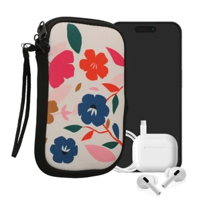 Abbildung von kwmobile Handytasche für Smartphones L 6,5&quot; Neopren Handy Tasche Hülle Cover Case Schutzhülle Blumen Farbenfroh Pink Dunkelblau Creme 16,5 x 8,9 cm Innenmaße