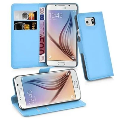 Abbildung von Cadorabo Hülle kompatibel mit Samsung Galaxy S6 Handyhülle aus Premium Kunst Leder Flip Klappbare Stoßfeste Magnetische [Standfunktion] [Kartenfächern] Cover für Tasche in Blau