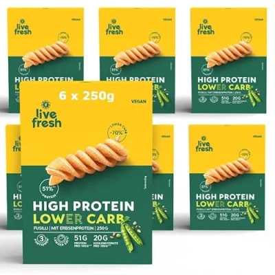 Abbildung von LiveFresh High Protein Low Carb Nudeln Vegane Vollkorn Fusilli mit 51g 80% mehr Ballaststoffe &amp; 70% weniger Kohlenhydrate Lebensmittel zum Abnehmen Muskelaufbau 6x250g