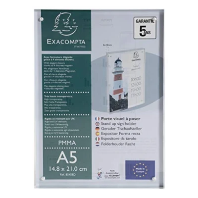 Abbildung von Exacompta 85458D Tischaufsteller mit Magnetverschluss DIN A5 Hochformat aus hochwertigem Acryl beidseitig verwendbar UV beständig Prospektschild Flyerhalter Tischschild Prospekthalter transparent