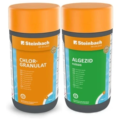 Abbildung von Steinbach Poolpflege Starter Set Chlorgranulat 1 kg + Algezid flüssig l Perfektes zur Reinigung und Wartung Poolwasser kristallklar Ideal Erstdosierung Schockbehandlung