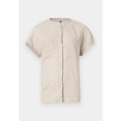 Abbildung von Tommy Hilfiger Damen Bluse Linen Collarless Kurzarm, Mehrfarbig (Classic Ithaca/Sandalwood), 40