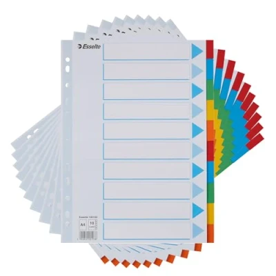Abbildung von Esselte 10 Packungen A4 Kartei Trennblätter, Teile, farbige Ordner Trennblätter mit Identifikationsvorderblatt, für Ringbücher und Aktenordner, aus strapazierfähigem, recyceltem Karton