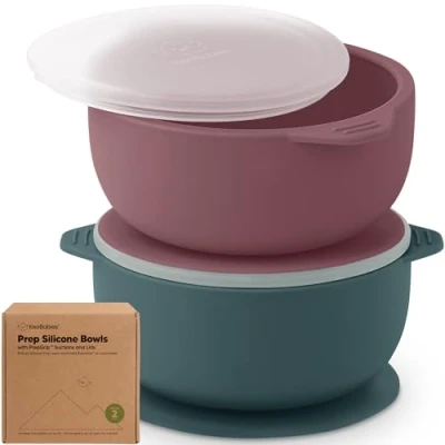 Abbildung von KeaBabies 2er Pack Baby Schüssel mit Saugnapf und Deckel Silikon Breischale für Jungen, Mädchen, Kinderschüssel Babygeschirr, Kinderschale, Silikonschüsseln Babynahrung, BPA frei (Rocky)
