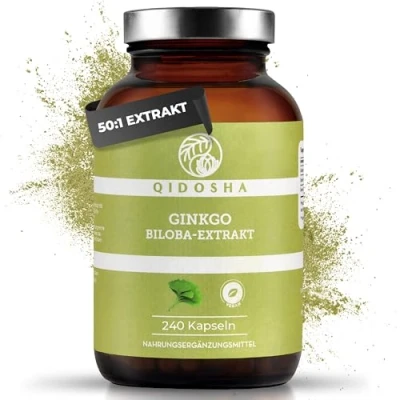 Abbildung von QIDOSHA® Ginkgo Biloba 50:1 Extrakt Kapseln hochdosiert, TESTSIEGER 07/23*, 180 im Glas, deutsche Fertigung, vegan, laborgeprüft, ohne Füllstoffe