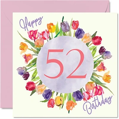 Abbildung von schöne Geburtstagskarte zum 52. Geburtstag für Frauen Aquarell Tulpen, Blumenstrauß Happy Birthday Karte Ihre Oma, Mama, Geburtstagsgeschenke, 145 mm x mm, florale
