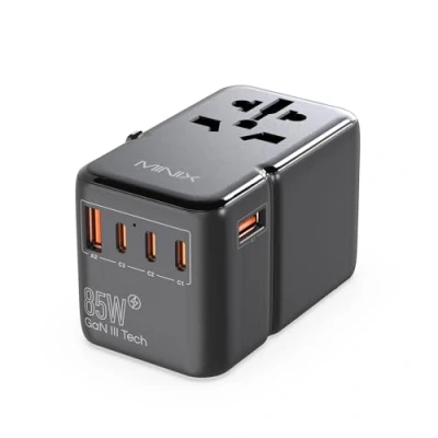 Abbildung von MINIX Universal Reiseadapter, 85 W GaN III, internationaler Netzadapter, 3 USB C 2 A Anschlüsse, AC Steckdose, weltweites Reise Ladegerät für Laptops, Tablets, Handys und mehr.