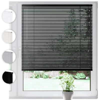 Abbildung von Sonello Jalousie Klemmfix ohne u. mit Bohren 30cm x 100cm Schwarz Aluminium Jalousette, Inkl. Halterung für Decken Wandmontage Alu Fenster Tür, Blickdicht freihängend
