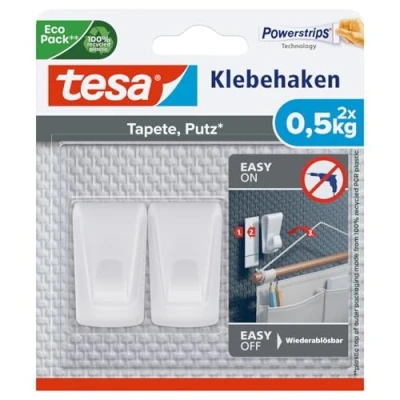 Abbildung von tesa Klebehaken Tapeten &amp; Putz selbstklebender Haken ideal zur Befestigung von Girlanden Lichterketten hält bis zu 0,5kg/Haken spurlos ablösbar