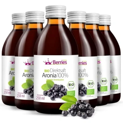 Abbildung von BIO Aroniasaft 6er Pack (6x250ml) purer Aronia Direktsaft 100% Kaltgepresst Muttersaft ohne Farbstoffe, Zucker, GMO, Konservierungsstoffe Vegan Organisch BerriesPolska®