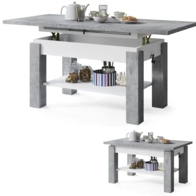 Abbildung von All4All Couchtisch Astra Kaffeetisch Wohnzimmertisch Sofatisch mit Ablage höhenverstellbar kompakte Größe 110x68cm 05 BETONOPTIK + WEIß