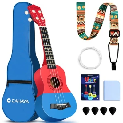 Abbildung von CAHAYA Sopran Ukulele mit Gigbag für Kinder Anfänger: Linde Material Geared Machine, Gurt, Noten, Saiten, Reinigungstuch, 4 Plektren, 21 Zoll Rot Blau