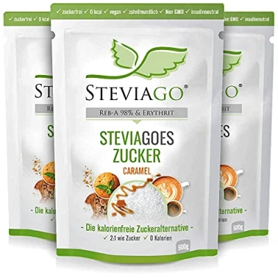 Abbildung von STEVIAGOES Zucker Caramel der kalorienfreie Zuckerersatz aus Erythrit &amp; Steviolglycosid (98% Reb A) mit Karamellaroma; doppelte Süße; vegan, für Diabetiker und ketogene Ernährung geeignet; 3x500g