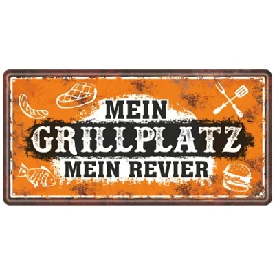 Abbildung von AV Andrea Verlag Großes Metallschild rostfrei Blechschild Mein Grillplatz, Revier II neu Schild Türschild mit lustigem Spruch im Vintage Retro Look
