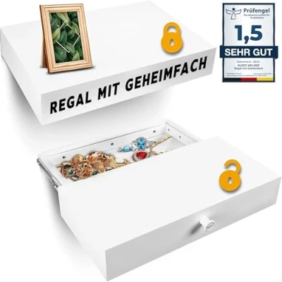 Abbildung von Elder Welder® Regal mit Geheimfach 30cm x 60cm Möbel Wandregal Weiß Geheimversteck &amp; Geldversteck für zuhause Schublade Safe Tresor als Versteck Geld, Schmuck