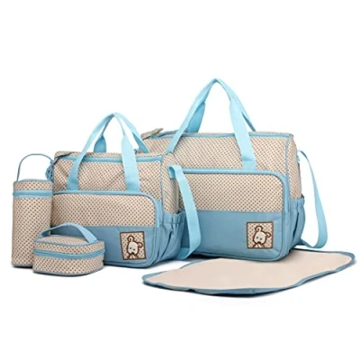 Abbildung von Miss Lulu 5er Set Baby Wickeltasche Babytasche Tasche Mutter Windeltasche Handtasche Schultertasche Flaschenhalter mit wickelunterlage (Blau)