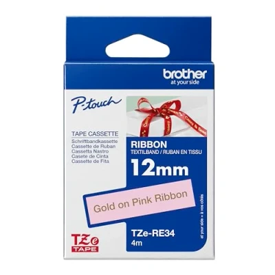 Abbildung von Brother Original P touch Textil Schriftband TZe RE34, 12 mm gold auf rosa (u.a. für H200, H100LB/R, H105, E100/VP, D200/BW/VP, D210/VP) TZERE34