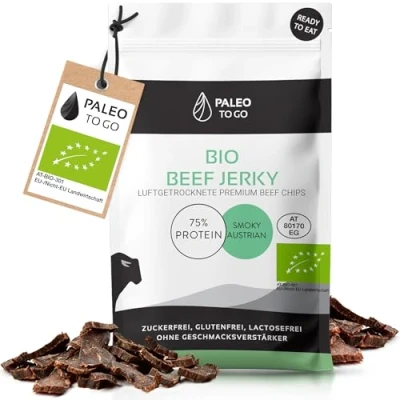 Abbildung von PALEO TO GO Beef Jerky [100% BIO] High Protein Snack (75% Eiweiß) Trockenfleisch, Biltong aus Bio Rindfleisch Low Carb Eiweiß Chips (14x30g)