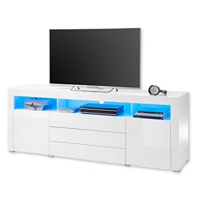 Abbildung von Stella Trading TV Lowboard in Weiß, Weiß Hochglanz mit blauer LED Beleuchtung Schrank viel Stauraum für Ihr Wohnzimmer 200 x 74 44 cm (B/H/T)