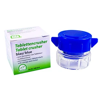 Abbildung von Medi Inn Tablettenmörser blau Tablettencrusher zum Zerkleinern von Tabletten mit Aufbewahrungsfach 1 Stück