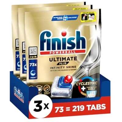 Abbildung von Finish Ultimate Plus Infinity Shine Spülmaschinentabs Geschirrspültabs für intensive Reinigung, Fettlösekraft und Glanz mit Schutzschild 219 Caps (3x73 Caps)