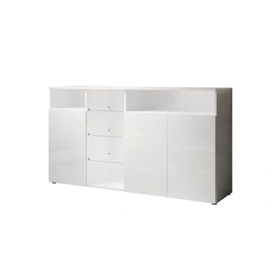 Abbildung von MB Muebles Bonitos Sideboard Wohnzimmer Breite 150 x Höhe 82 Tiefe 40 cm Modern Farbe Weiß mit Hochglanz Finish 3 Türen LED TV Schrank Modell Clark L