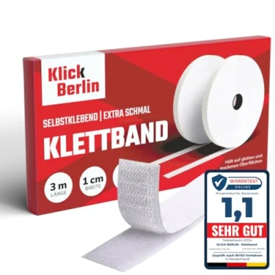 Abbildung von Klick Berlin Klettband Selbstklebend 1 cm x 3 m Extra schmal Klett Klebeband klebt auf vielen Flächen Klettverschluss 10 mm breit, Meter lang Weiß