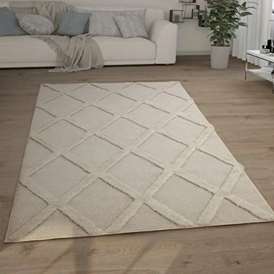 Abbildung von Paco Home Hochflor Teppich &quot;Genua 745&quot;, rechteckig, 34 mm Höhe, Uni Farben, Hoch Tief Effekt, modernes Design, Rauten, weicher Flor