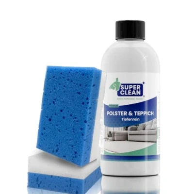 Abbildung von SUPER CLEAN Polster und Teppich Tiefenrein Polsterreiniger Konzentrat für alle Arten von Polstern, Teppichböden, Autositzen, Sofa oder Couch Inhalt: 500 ml + 2 Polsterschwämme