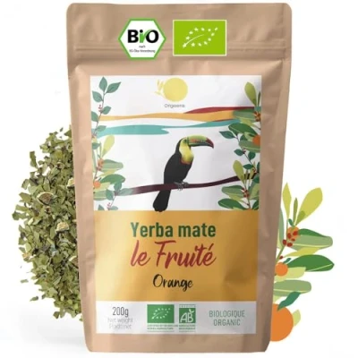 Abbildung von ORIGEENS Bio Yerba Mate mit Orange 200 g Der Fruchtige I Tee Ungeröstet, Frei von Stängeln und Staub Energie Detox Getränk