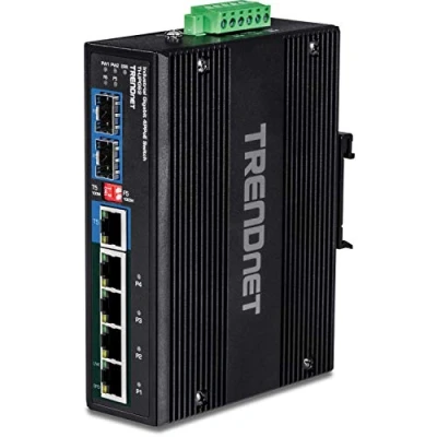 Abbildung von TRENDnet TI UPG62 6 Port gehärteter industrieller Gigabit 10/100/1000 Mbps Ultra PoE DIN Schiene Switch, UPoE, IP30, &amp; Halterungen für Wandbefestigung inbegriffen