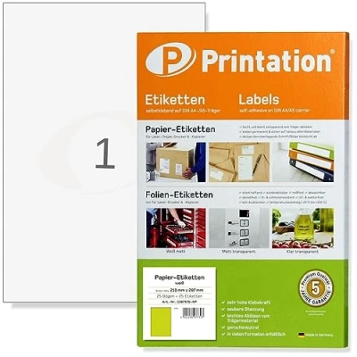 Abbildung von Printation Etiketten Selbstklebend 210 x 297 mm 25 Blatt Klebepapier A4 Bedruckbar, 1 Etikett Pro Stickerpapier zum selbst drucken A4, Klebeetiketten Bedrucken, Blanko Matt Weiß 1x1