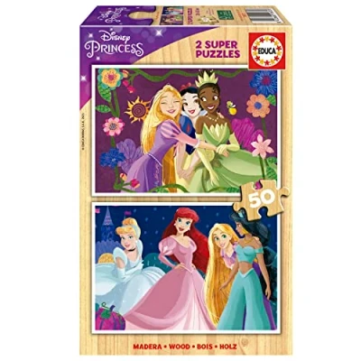 Abbildung von Educa Disney Prinzessin Super Puzzle, 2x50 Teile Holzpuzzleset für Kinder ab 4 Jahren, Cinderella, Arielle, Rapunzel, Schneewittchen (19672)
