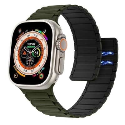 Abbildung von Astorgos Magnetisch Uhrenarmband Kompatibel mit Apple Watch Armband Ultra/Ultra2 49mm/SE Serie 10/9/8/7/6/5/4/3/2/1 42/44/45/46mm, Silikon Armbänder Starker Magnet Link Ersatzarmband,Armeegrün/S