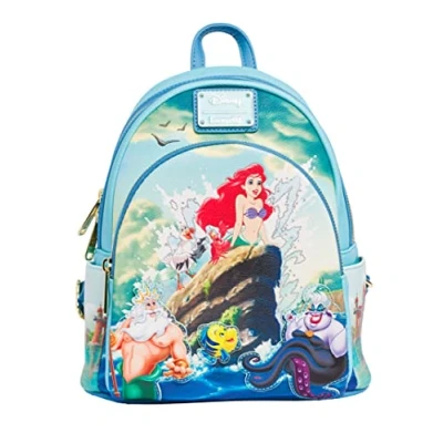 Abbildung von Loungefly Disney Die kleine Meerjungfrau Arielle Szene Damen Doppelriemen Schultertasche Geldbörse, Blau, Medium