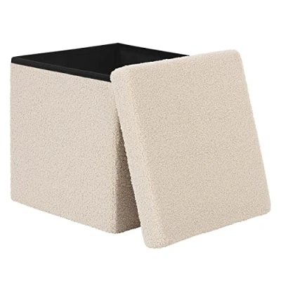 Abbildung von eSituro Sitzhocker mit Stauraum, Faltbarer Hocker, Fußhocker, Polsterhocker, Aufbewahrungsbox Sitzwürfel für Wohnzimmer Schlafzimmer Eingangsbereich, aus Teddyfleece Beige SOM0203