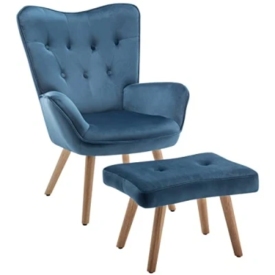 Abbildung von HollyHOME Sessel mit Hocker Wohnzimmer Relaxsessel, Lesesessel Ohrensessel Fußschemel Lounge Sessel, Lesestuhl für Schlafzimmer, Blau