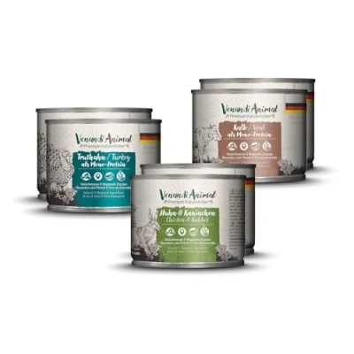 Abbildung von Venandi Animal Premium Nassfutter für Katzen, Probierpaket II, Huhn + Kaninchen, Kalb, Truthahn, 6 x 200 g, getreidefrei und naturbelassen, 1.2 kg