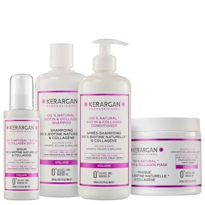 Abbildung von Kerargan Volumen Set Shampoo, Conditioner, Maske &amp; Serum mit Biotin Kollagen für Plattes, Dünnes und Mattes Haar Glanz Ohne Sulfate GMO 3x500ml 1x100ml