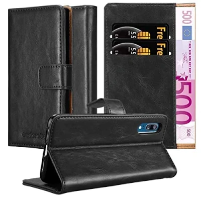 Abbildung von Cadorabo Hülle kompatibel mit Huawei P20 aus Premium Kunst Leder Flip Klappbare Stoßfeste Magnetische [Standfunktion] [Kartenfächern] Cover für Tasche in Schwarz